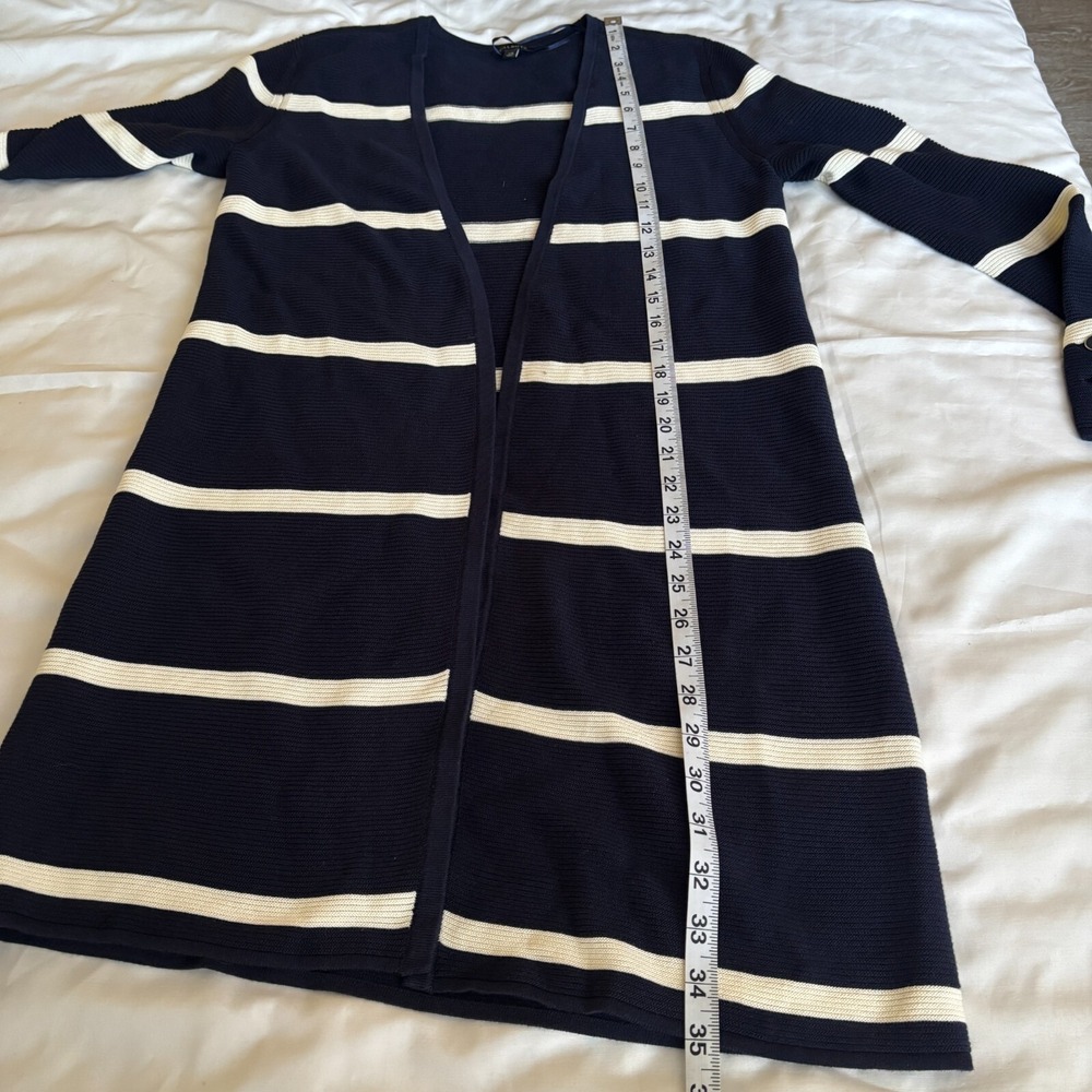 Talbots XS Navy White Striped Open Front Longline Cardigan Button Cuff Ribbed - Picture 5 of 9